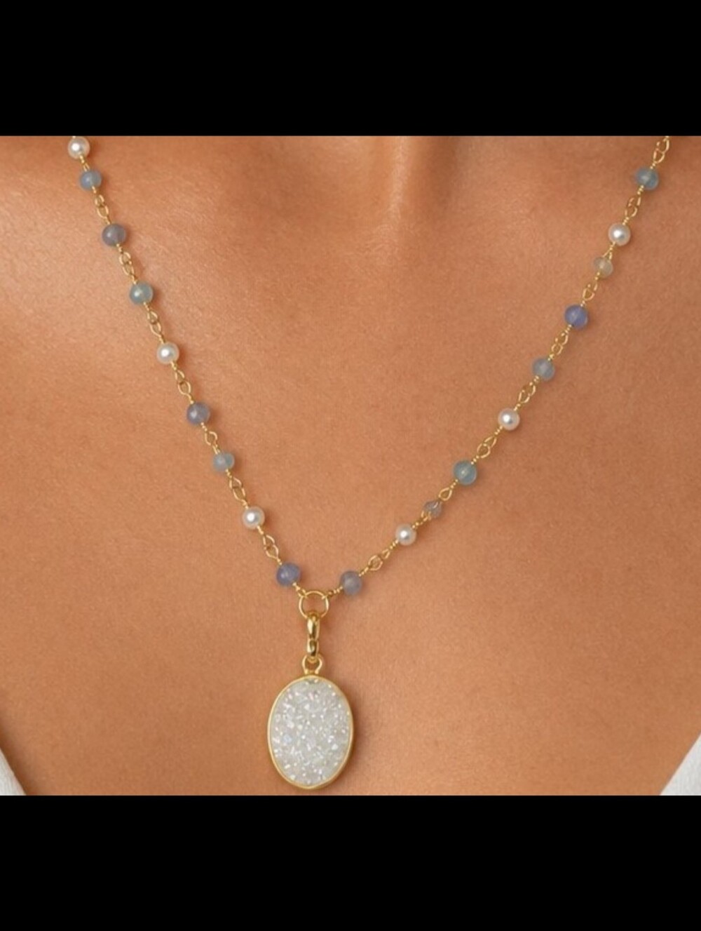 Druzy Pendant Necklace Aquamarine Tanzanite Pearl Beaded Chain 24K Gold Plated